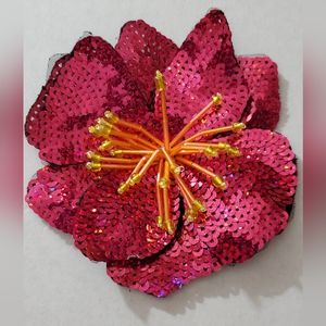 3D hibiscus beaded applique flower sew on iron on patch sequins tropical hot pnk